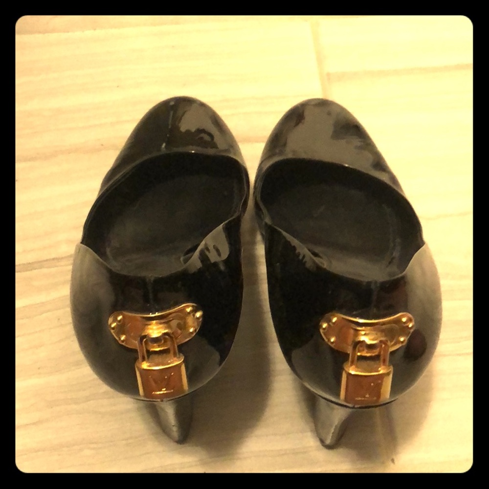 Louis Vuitton black patent wedge heels!
